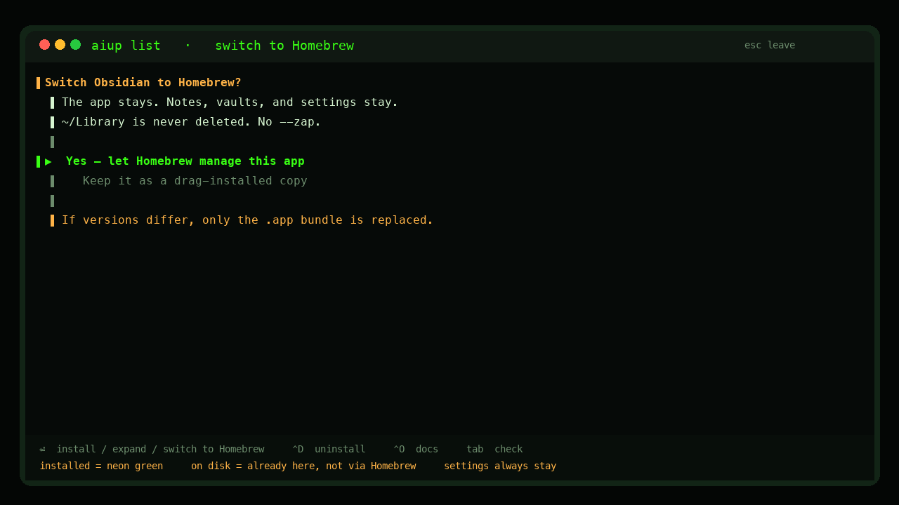 aiup list switching an app to Homebrew