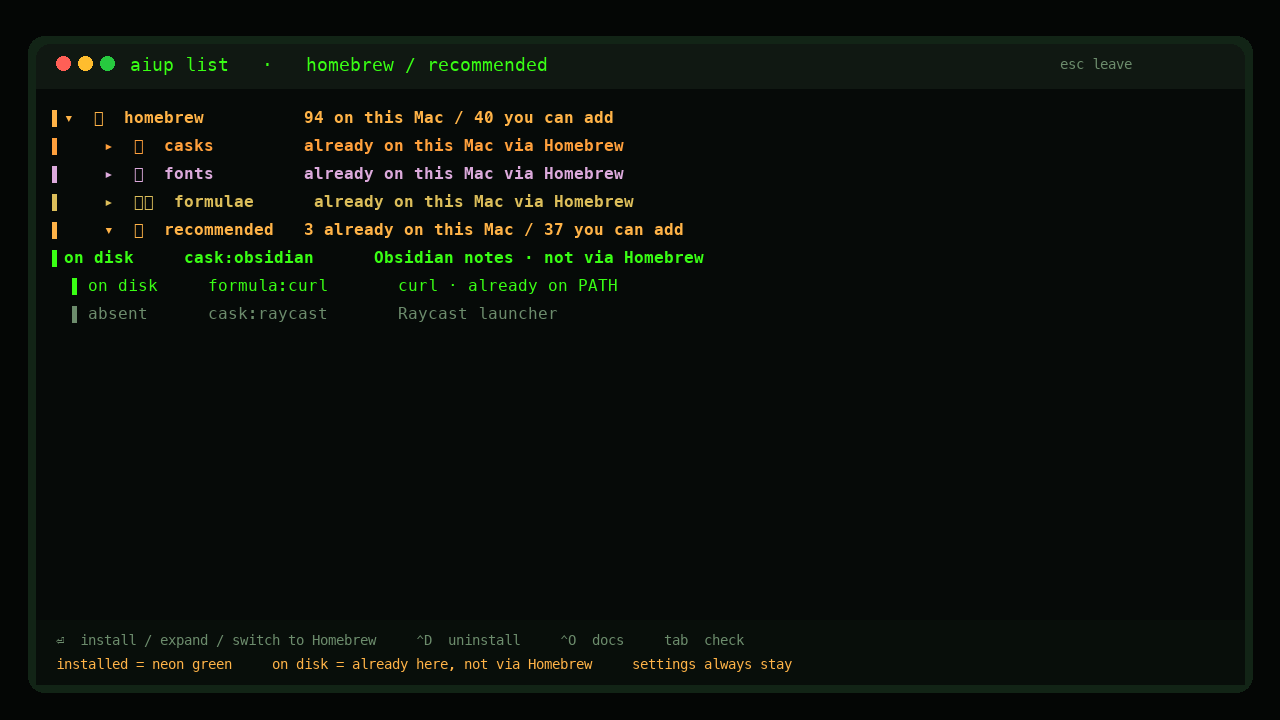 aiup list showing Homebrew extras